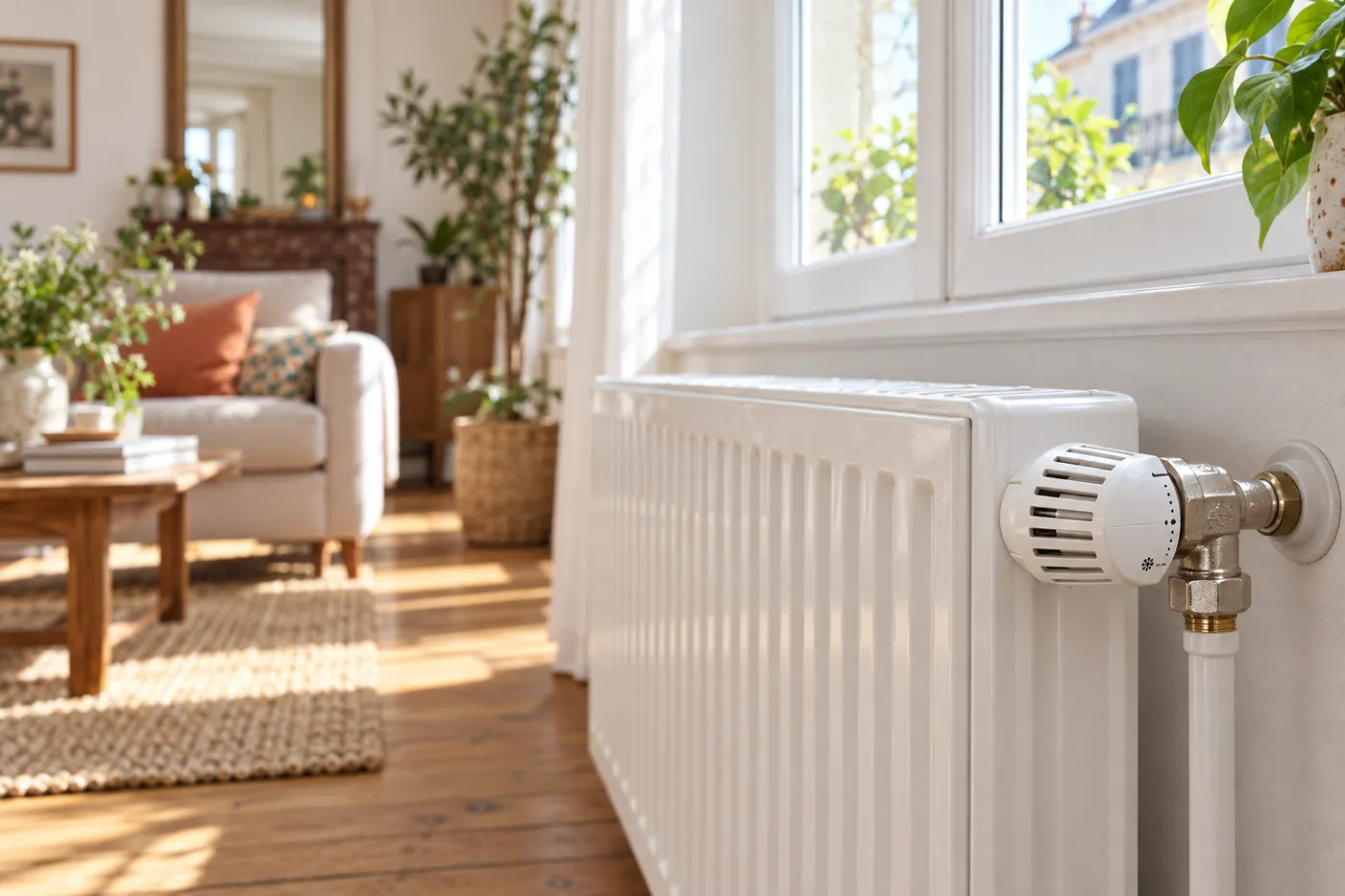 Radiateur en acier avec robinet thermostatique sous une fenêtre de salon